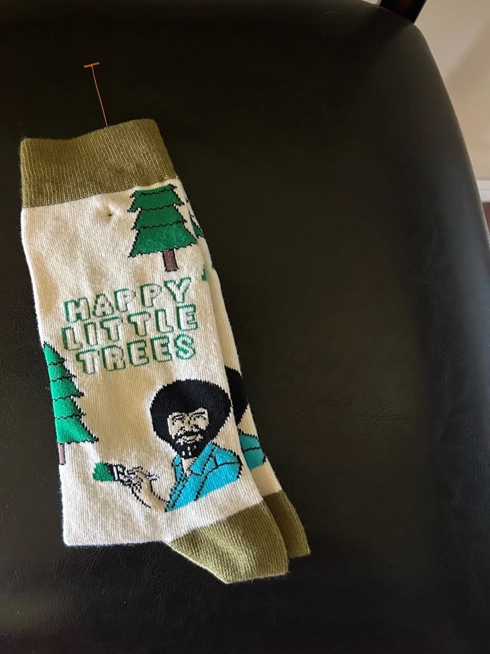 Bob Ross 'Happy Little Trees' Cream & Green Crew Socks